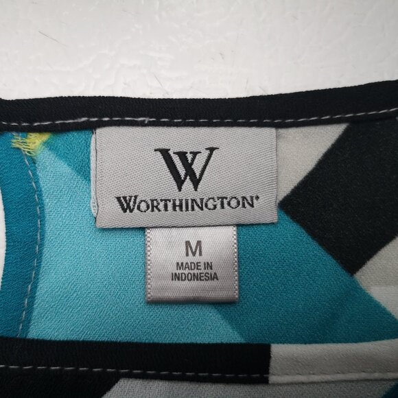 Worthington Ladies Size medium Teal Yellow White Grey & Black Patterned Blouse - Picture 3 of 9